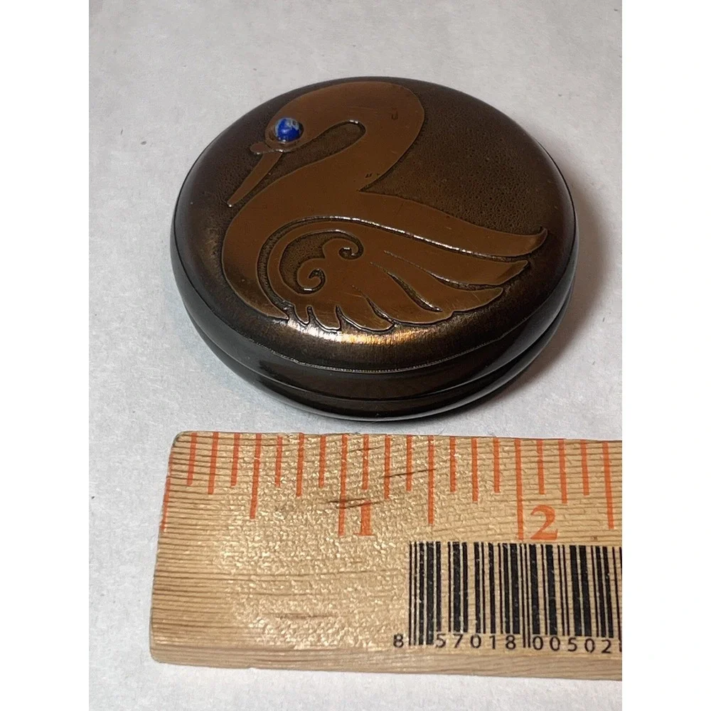 Vintage Modernist Taller‎ Origen Chile Round Brass Swan Lapis Box Signed Trinket